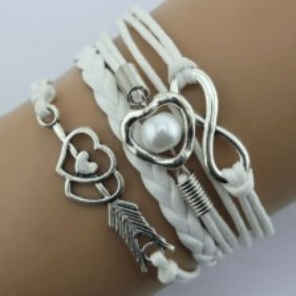 Cupid's Arrow Pearl Rope Multi-Layer Heart Bracelet White and Silver Retro Style - Picture 1 of 7